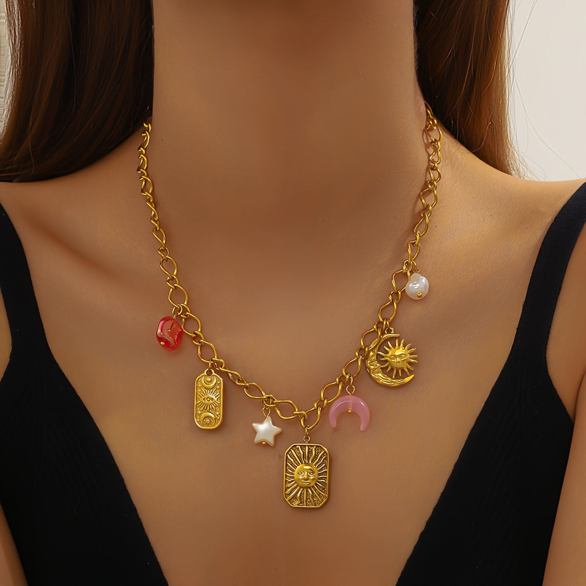 Golden Stainless Steel Necklace with Sun Square & Moon Decorative Design